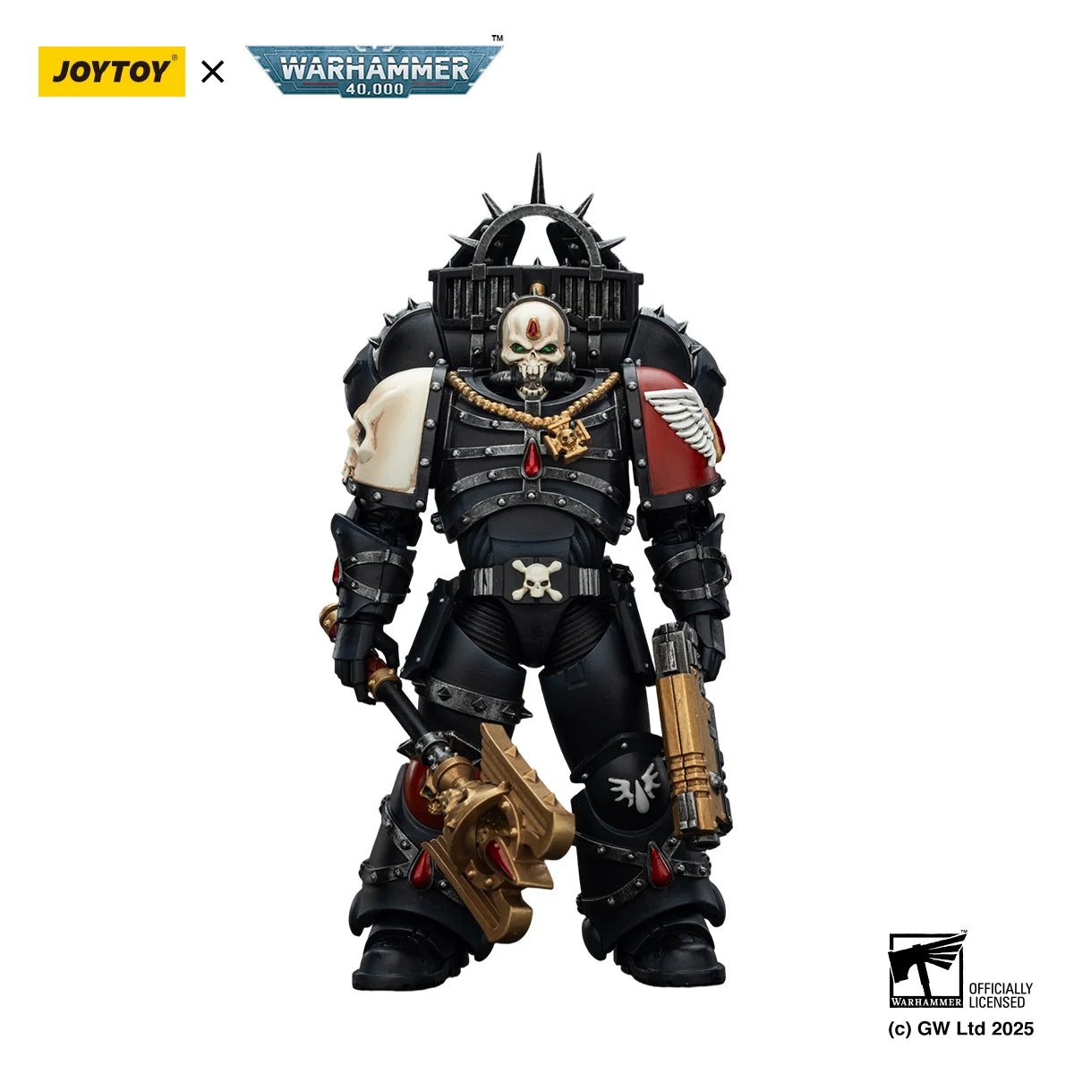 Action figure Warhammer 40k Blood Angels Lemartes con Jump Pack, Blood Crozius e Absolver Bolt Pistol, dettagli realistici e dinamici.