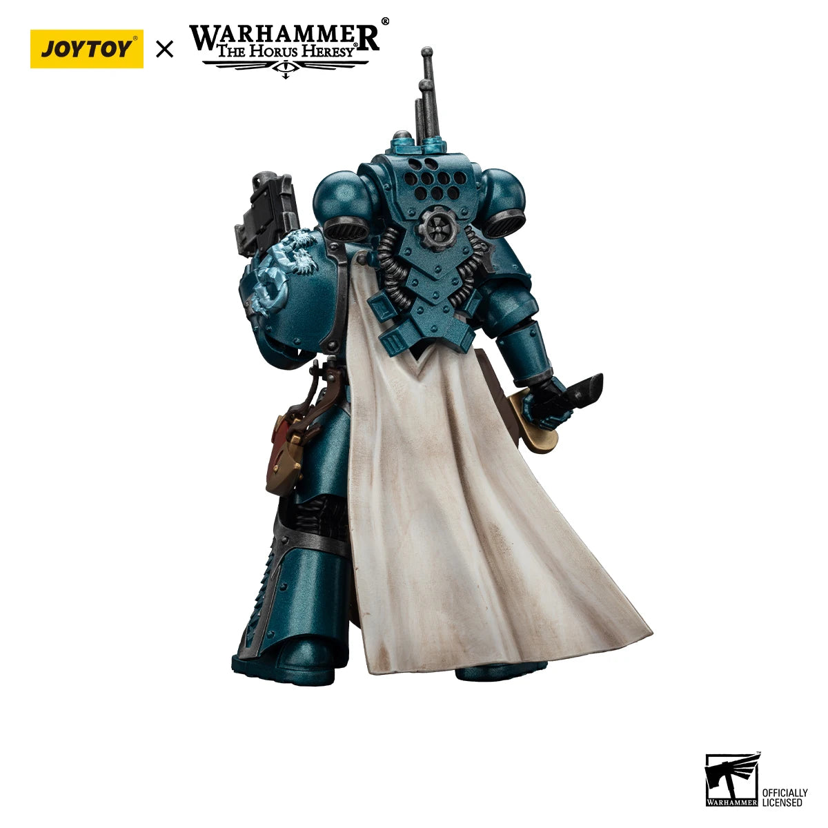 Miniatura Warhammer 40K Alpha Legion Praetor Armillus Dynat con spada energetica, dettagliata e colorata, modello da collezione.