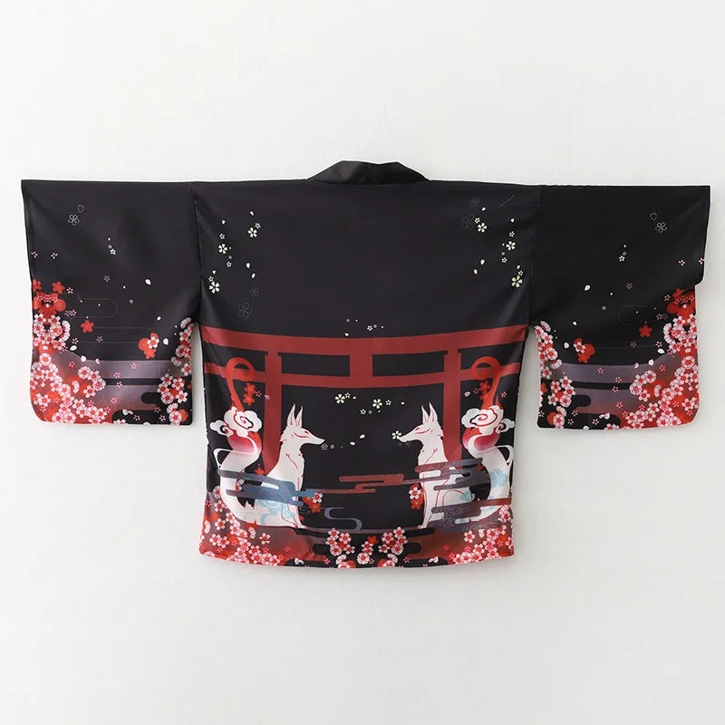 Kimono estivo da donna con stampa volpe, cardigan streetwear cosplay giapponese, stile Harajuku e tradizionale.