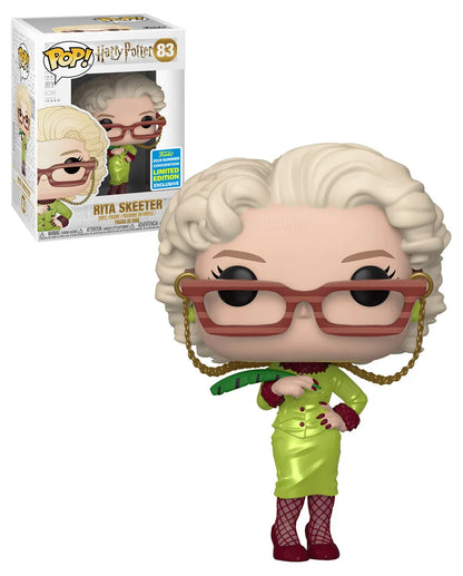 Collezione di figure Funko Pop Harry Potter con personaggi come Hermione, Ron, Malfoy, Dumbledore, Hedwig e Fawkes