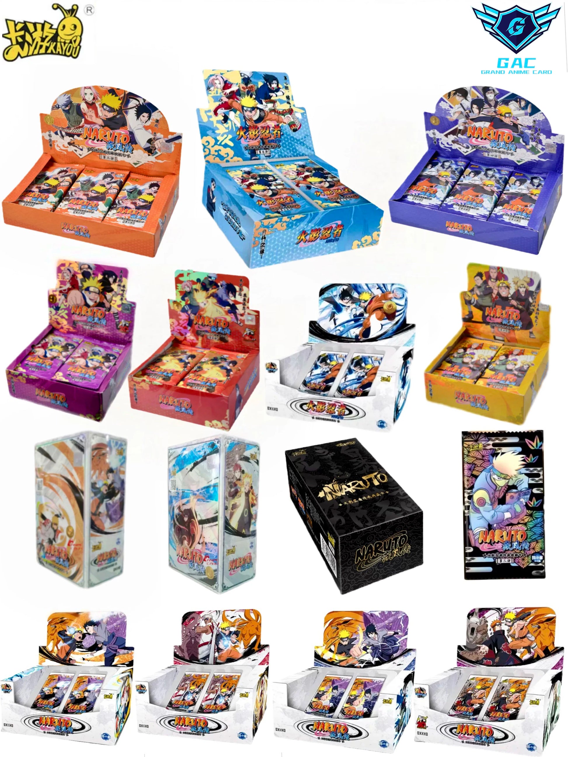 Scatola di carte Naruto KAYOU della collezione Booster Box T2W9 e T4W8, in confezione originale, con carte collezionabili Naruto.