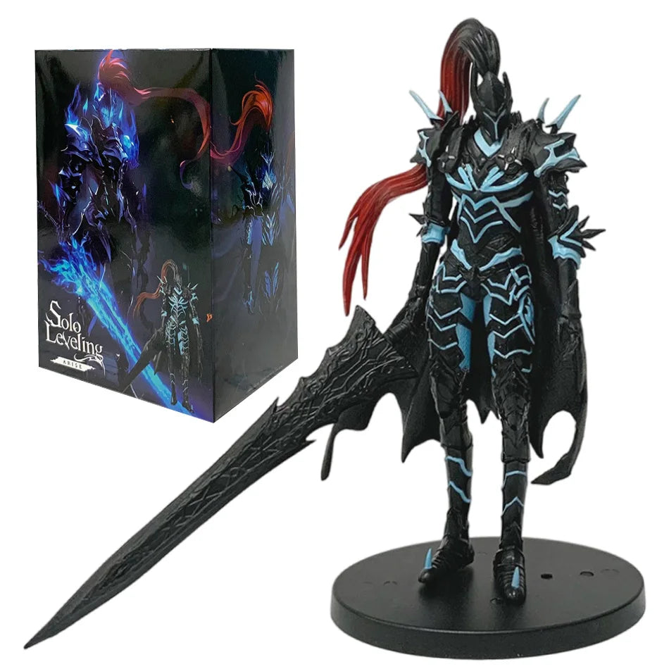 Action figure Knight Commander Igris Blood Shadow della Shadow Legion da Solo Leveling, dettagliata e posizionata in modo realistico.