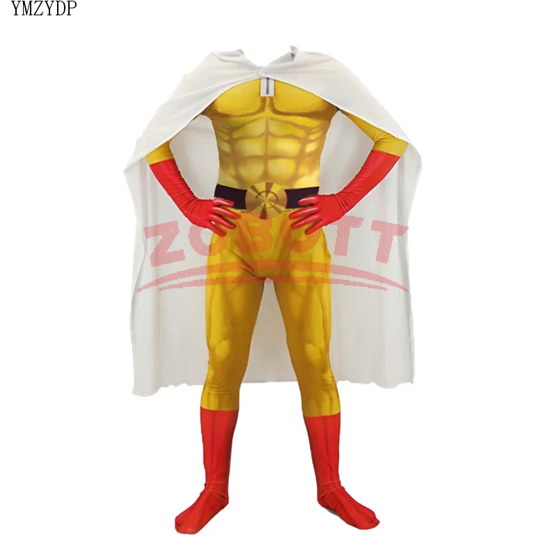 Costume cosplay di Saitama One Punch Man con tuta, maschera e mantello, perfetto per Halloween e eventi cosplay.