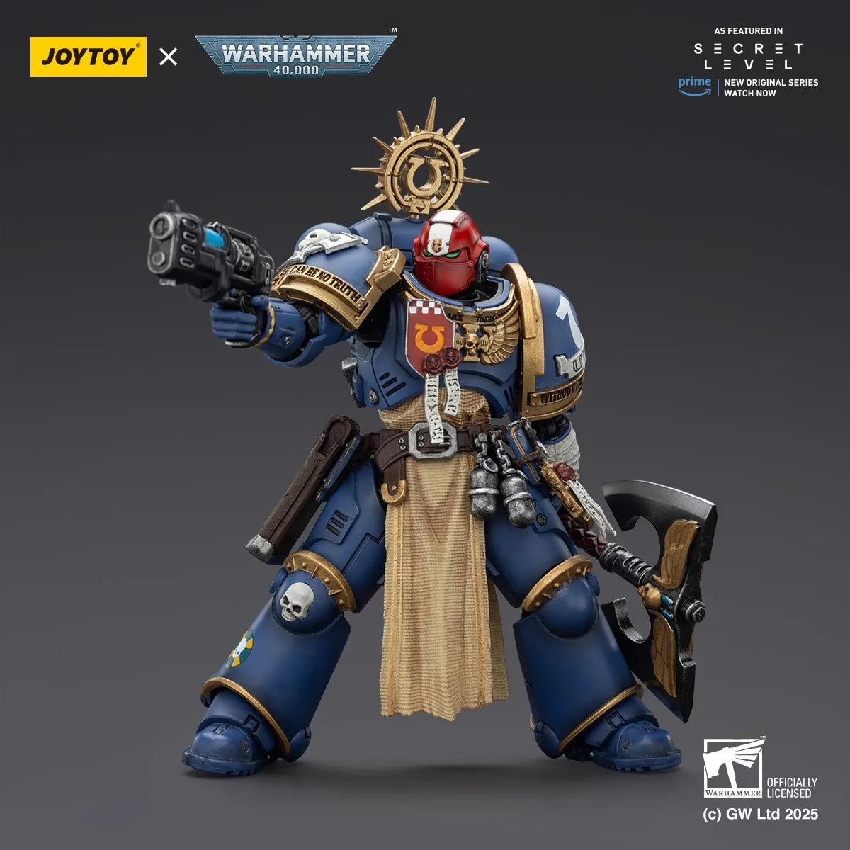 Action figure Warhammer Ultramarines Metaurus con ascia energetica scudo da tempesta e pistola al plasma, modello dettagliato.