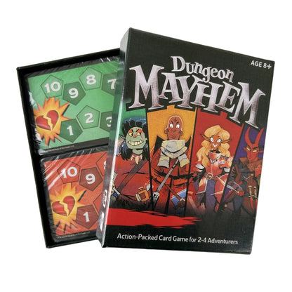 Gioco di carte Dungeon Mayhem di Otaku Family Store, gadget di sfida rapida con 3 varianti, carte colorate e design fantasy.