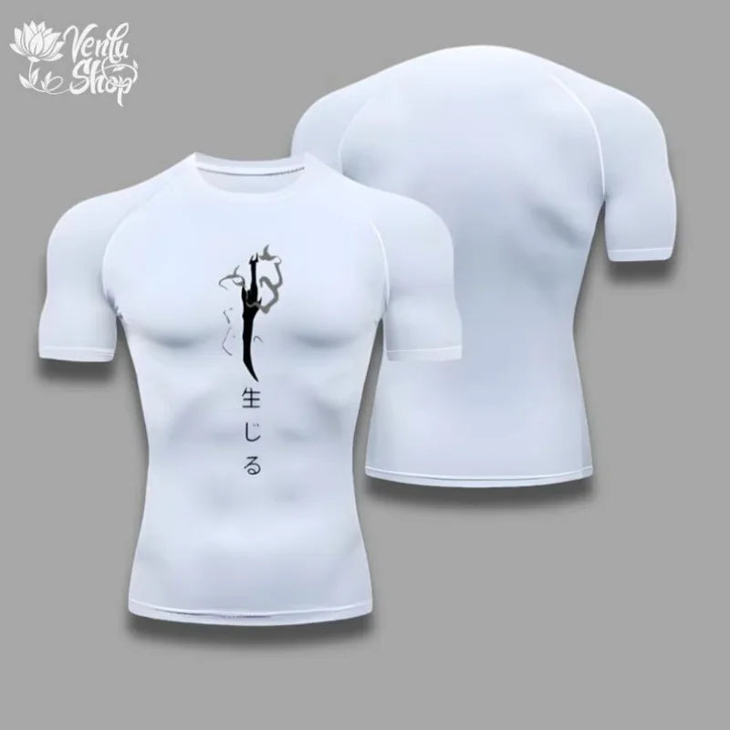 Maglietta compressiva Jin Woo Solo Leveling Anime Muscleshirt sportivo, con stampa dettagliata, tessuto aderente e stile energico.