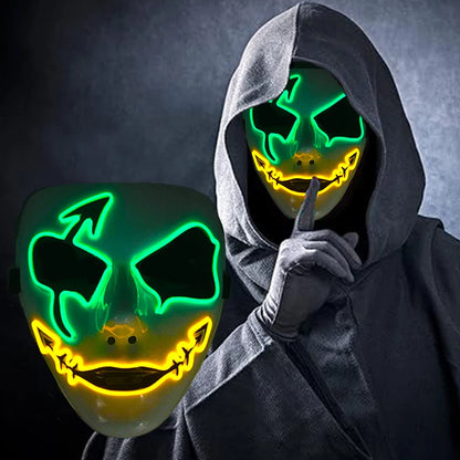 Maschera cosplay luminosa di Otaku Family Store, maschera diabolica che brilla, perfetta per Halloween, horror e feste in maschera.