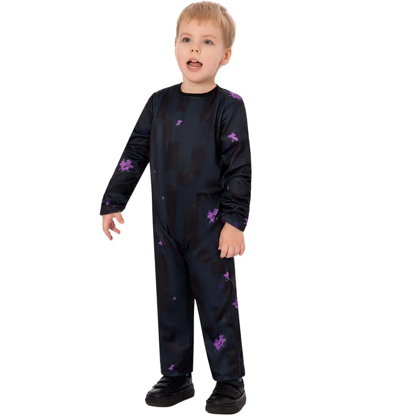 Costume cosplay Enderman bambino nero di Otaku Family, abbigliamento Halloween con dettagli realistici e stile zombie classico.