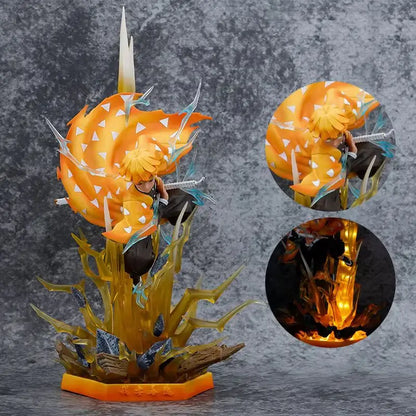 Figura d'azione Zenitsu Demon Slayer con doppia testa e LED, statua in PVC di 35 cm, dettagliata e colorata.