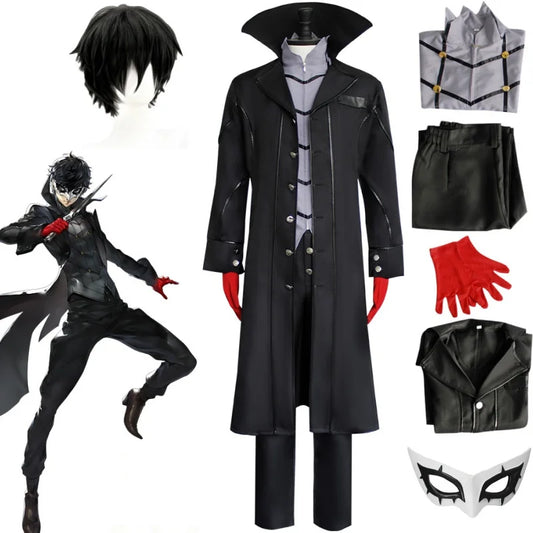 Costume cosplay di Persona 5 Joker con cappotto nero, parrucca, guanti e maschera, vestito completo di accessori per cosplay.