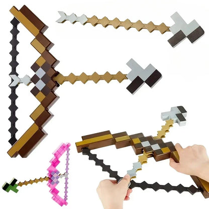 Gioco di archi e frecce in plastica per bambini, cosplay di MineCraftion, con frecce e design pixel, divertente e sicuro per ragazzi e ragazze.