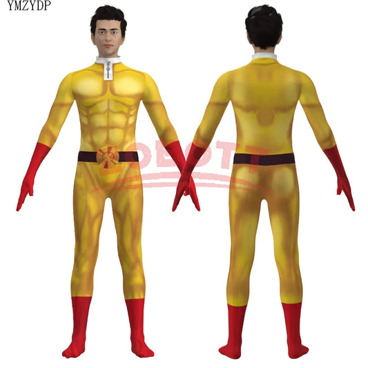 Costume cosplay di Saitama One Punch Man con tuta, mantello e maschera, perfetto per eventi anime e Halloween.