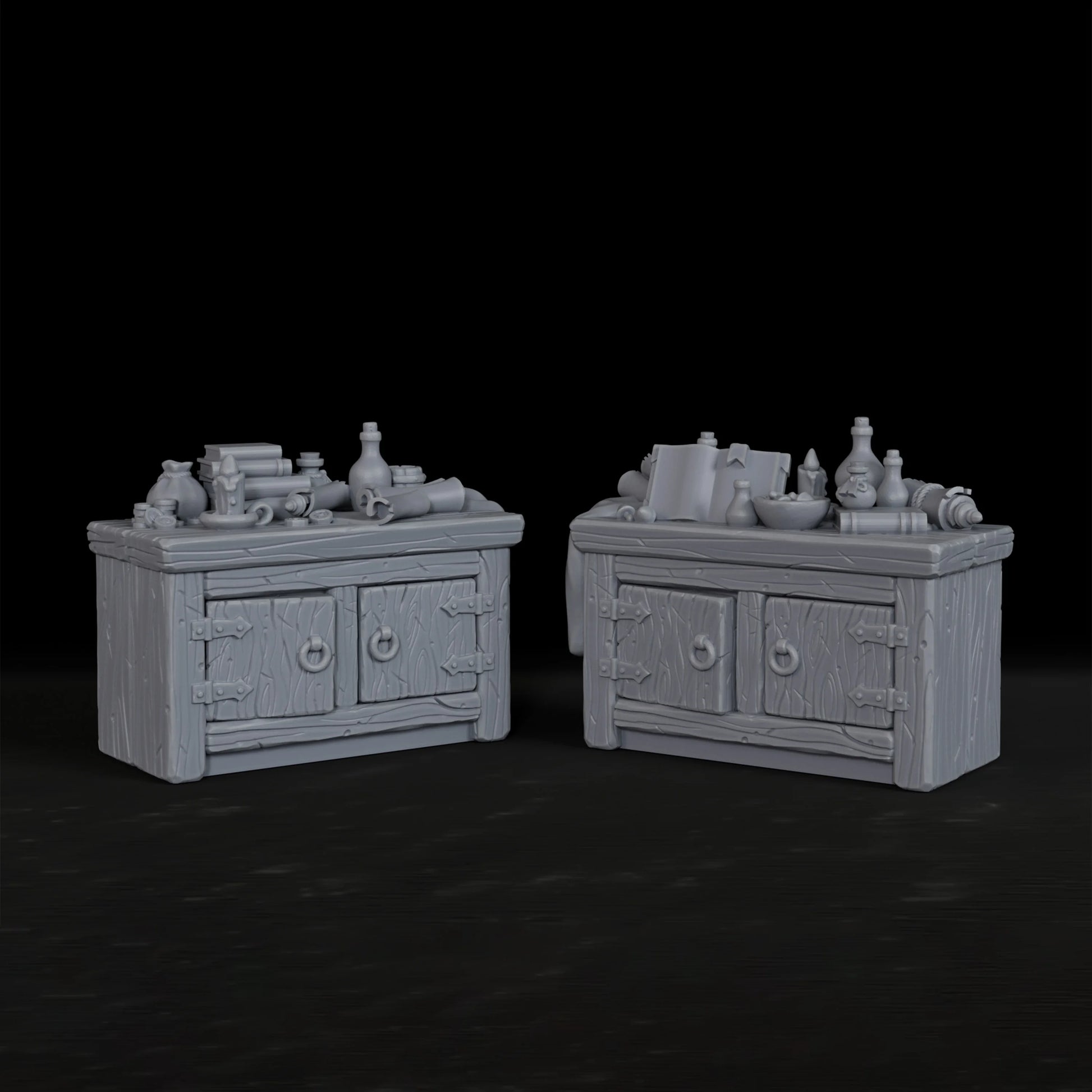 Due armadi miniatura per terrain RPG, accessori per giochi di ruolo e tabletop, con dettagli realistici e immersivi.
