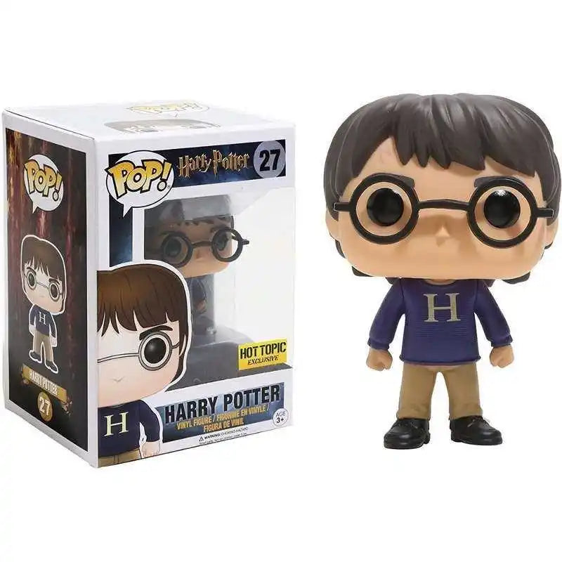 Funko Pop di personaggi di Harry Potter, tra cui Hermione, Ron, Malfoy, Dumbledore e Hedwig, in stile collezionabile.