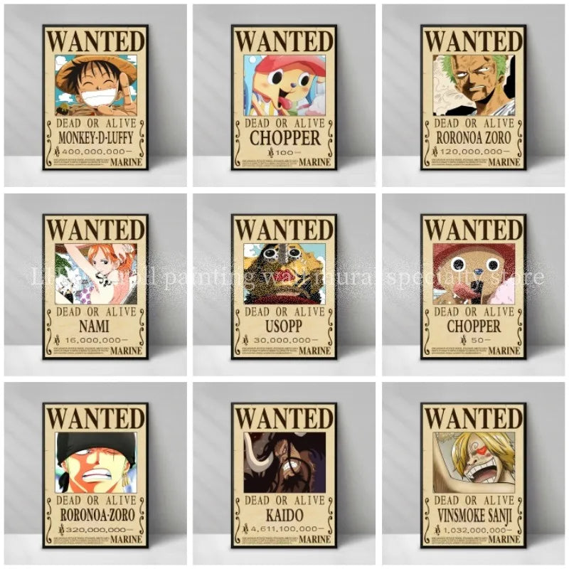 Figura d'azione Otaku Family Store di One Piece, decorativa con avviso giallo Wanted, alta qualità, perfetta per pareti.