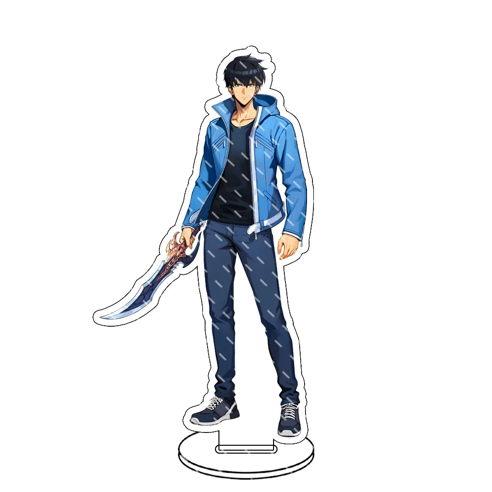 Supporto acrilico Solo Leveling Sung Jin-Woo, gadget in plastica trasparente, ideale per collezionisti e appassionati anime.