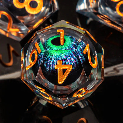 Set di dadi Dragon Eye Otaku Family, dadi a spigoli vivi con nucleo liquido per D&D e Pathfinder, gadget da gioco fantasy