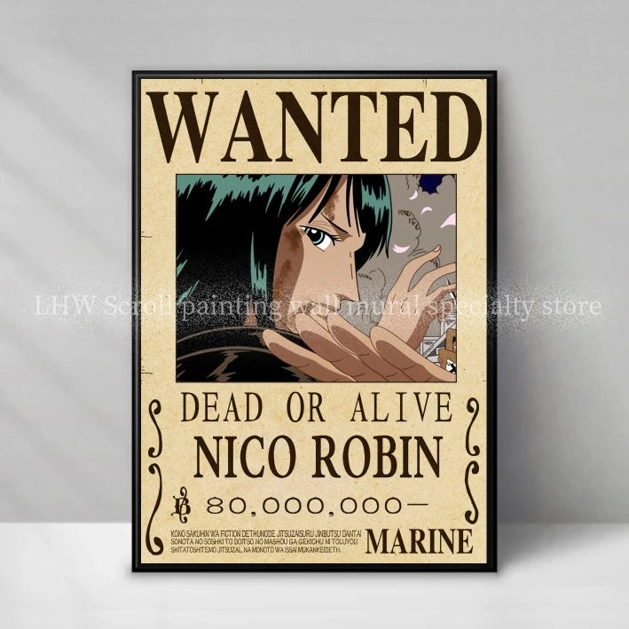 Figura d'azione One Piece Anime Otaku Family con poster decorativo Wanted giallo sulla parete, alta qualità e dettagliata.