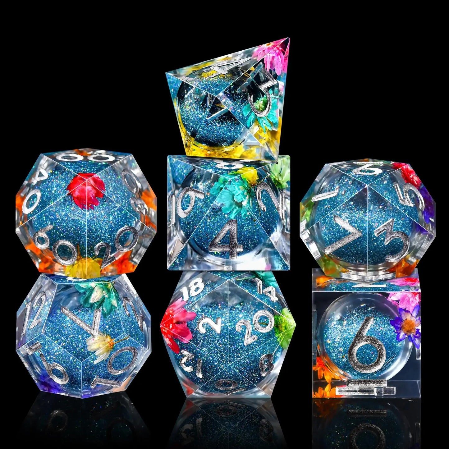 Set di 6 dadi in resina liquida con bordi affilati, gadget RPG della collezione Otaku Family Store Online.