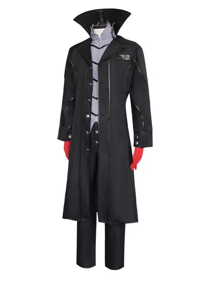Completo costume cosplay di Joker di Persona 5 con cappotto nero, parrucca, maschera, guanti e accessori, ispirato a Rain Palace Lotus.