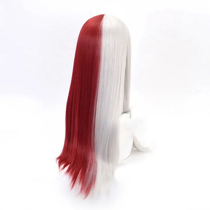 Cosplay di ragazza anime My Hero Academia Shoto Todoroki, costume lungo dettagliato, indossato da un'attrice, stile realistico e colorato.