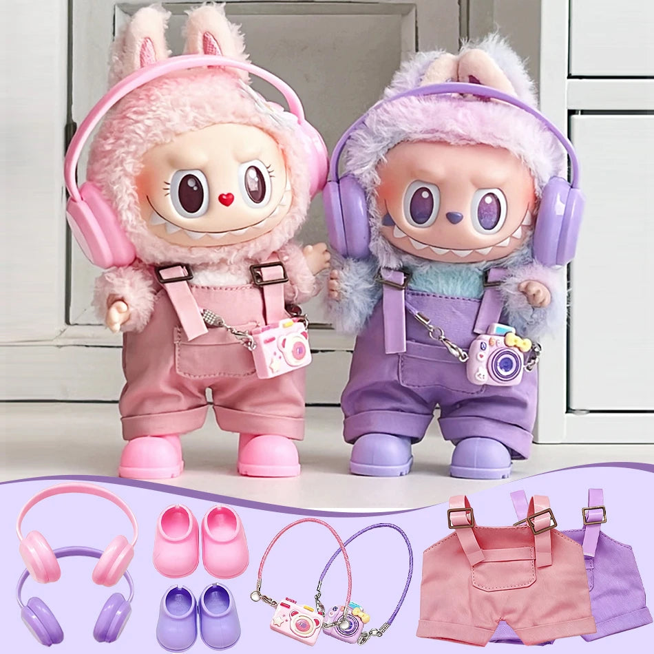 Set di accessori e abbigliamento per bambole Labubu di Otaku Family, con vestiti, scarpe, cuffie e testa per feste e regali.