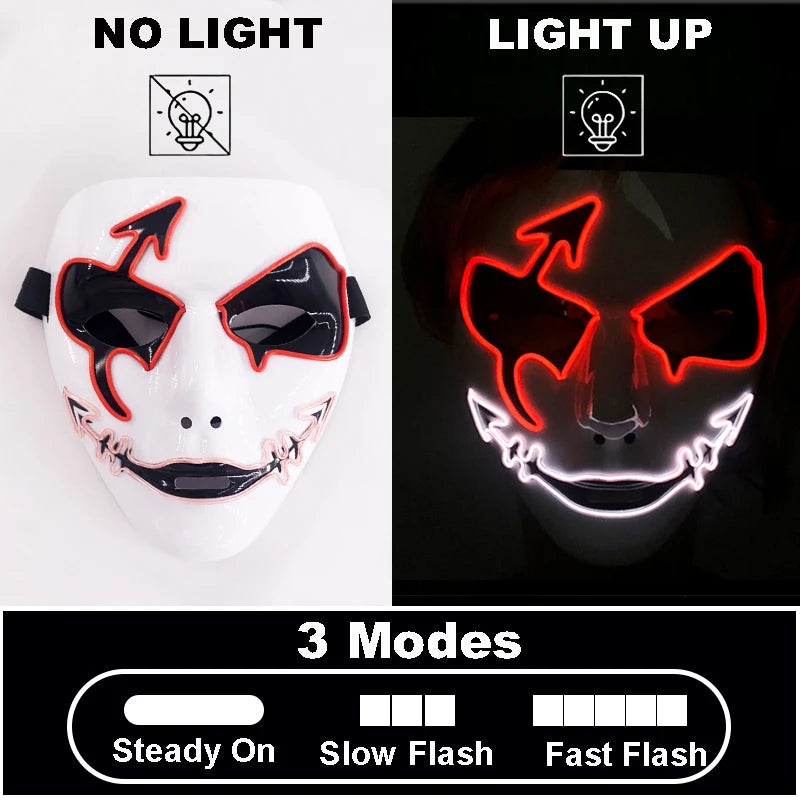 Maschera cosplay luminosa con demone per Halloween, maschera illuminata spaventosa per feste horror e eventi cosplay.