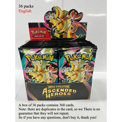 Scatola di carte Pokémon TCG Booster Box Mega Evolution, Phantasmal Flames, Ascended Heroes con pacchetti casuali, immagini delle carte.