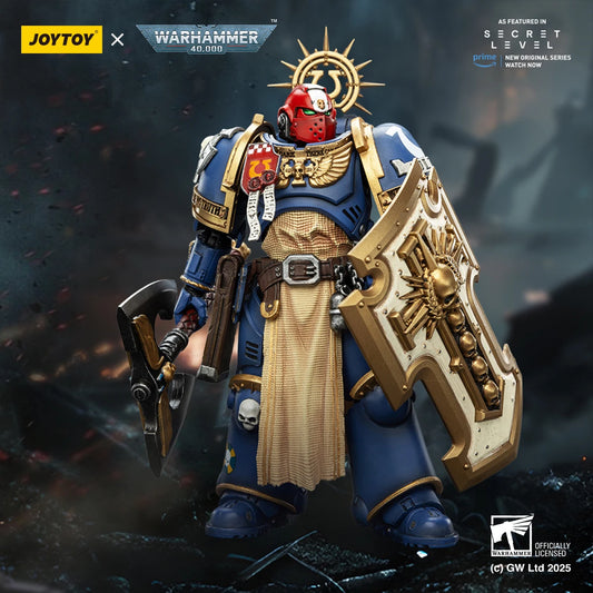 Figura d'azione Warhammer 40K Ultramarines Titus con lauro di vittoria, dettaglio di Metaurus Levantus e Torvald, marca Otaku Family Store