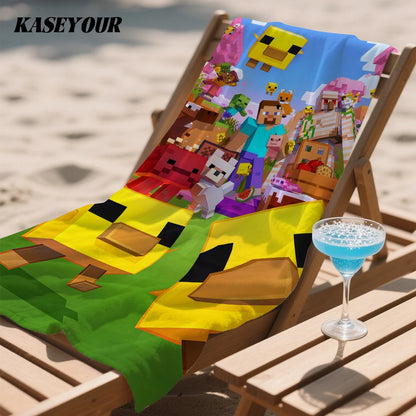 Asciugamano mare Minecraft in microfibra ultra assorbente, gadget colorato con design a blocchi e personaggi Minecraft.