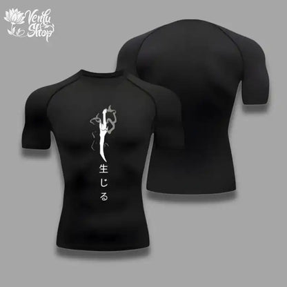 Maglietta compression Jin Woo Solo Leveling Anime Muscleshirt sportwear, tessuto aderente e dettagli grafici ispirati all'anime.