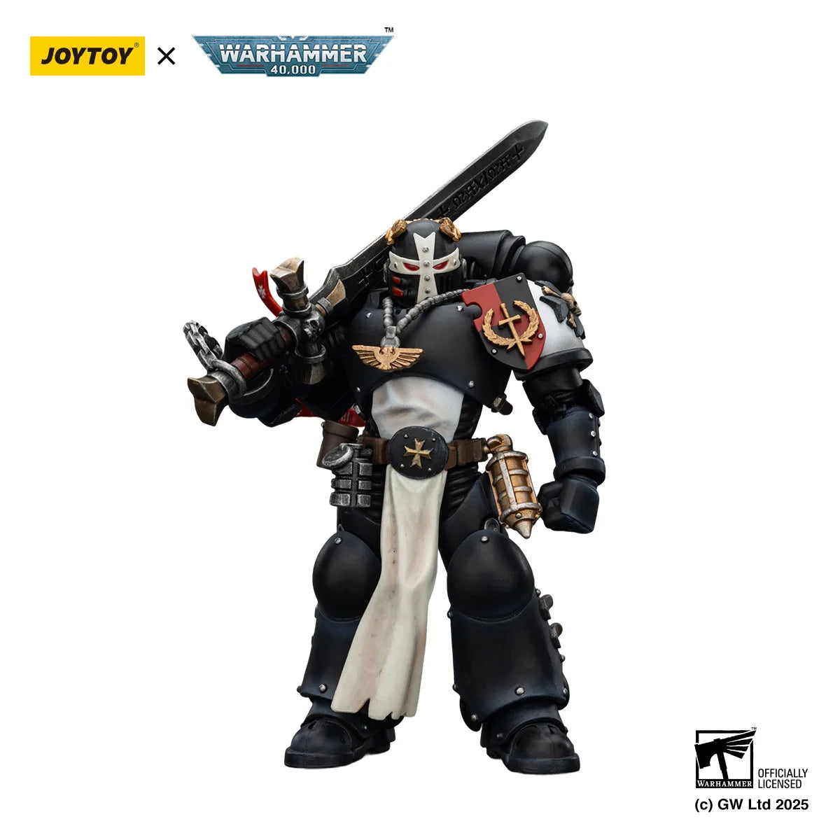 Miniatura di figura d'azione Warhammer 40K Black Templars Emperor's Champion "Bayard's Revenge" di JOYTOY in pose dinamica