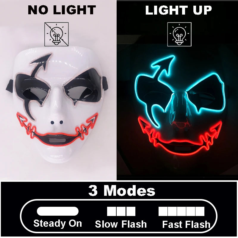 Maschera cosplay luminosa con effetti diabolici, perfetta per Halloween, festa horror o evento cosplay, marca Otaku Family Store Online.