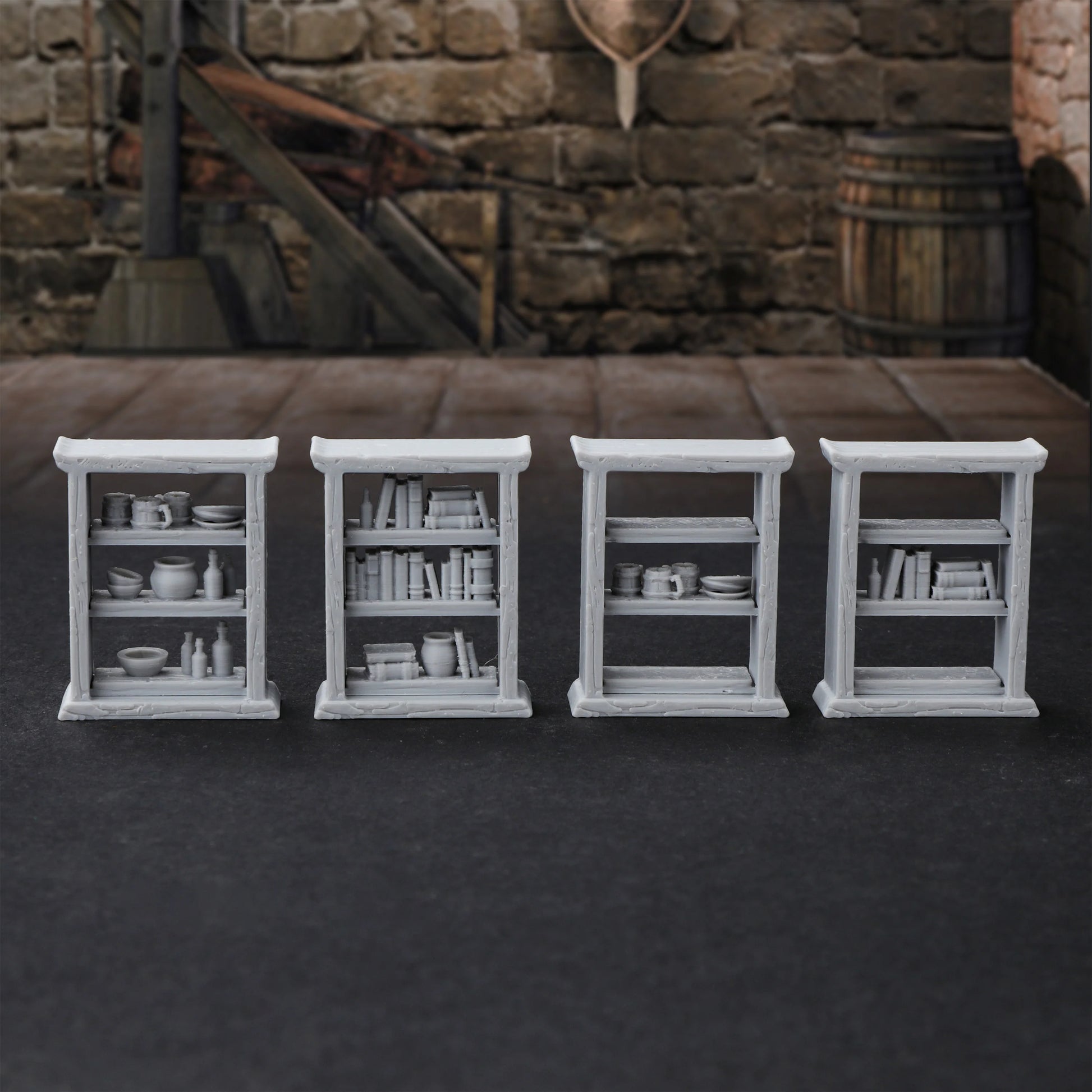 Set di miniature terrain RPG da 28mm con scaffali, librerie e armadi intercambiabili per giochi da tavolo e ruolo.