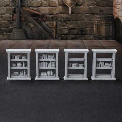 Set di miniature terrain RPG da 28mm con scaffali, librerie e armadi intercambiabili per giochi da tavolo e ruolo.
