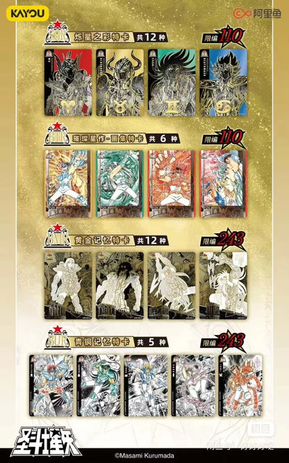 Carte della collezione Saint Seiya Manga Version Contract Pack Vol.1 di Kayou, illustrate con personaggi e simboli della serie.