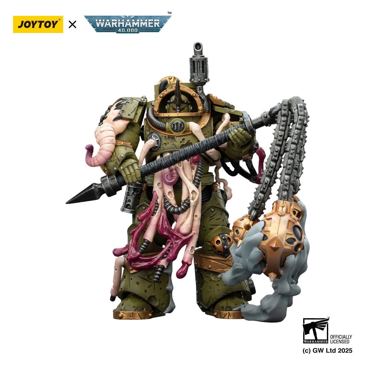 Figura di azione Warhammer 40K Abaddon the Despoiler e Death Guard, modello 1/18 con armatura Primus e accessori.