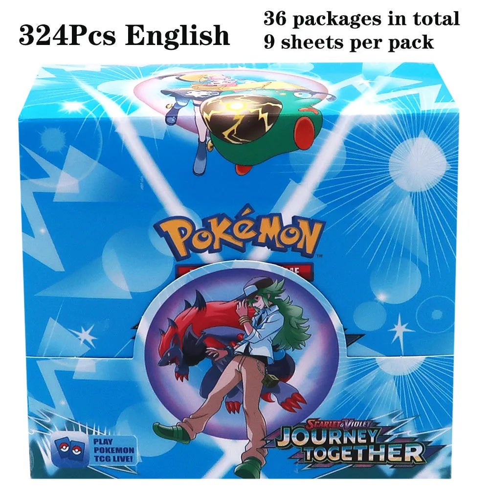 Scatola di 36 bustine con carte Pokémon TCG in lingua inglese, mostra le confezioni con cartoncini colorati e illustrazioni di Pokémon