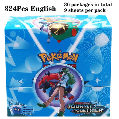 Scatola di 36 bustine con carte Pokémon TCG in lingua inglese, mostra le confezioni con cartoncini colorati e illustrazioni di Pokémon