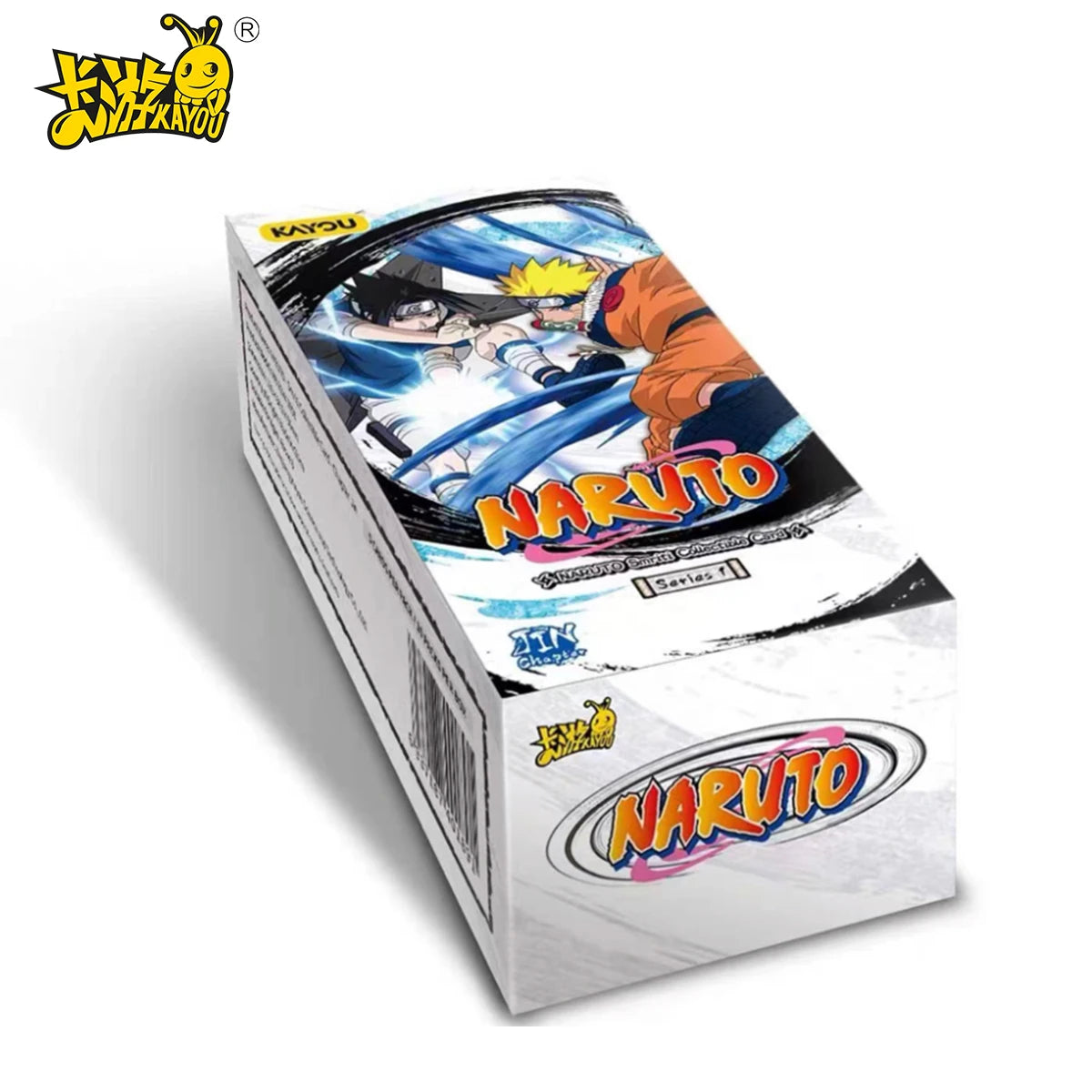 Scatola di carte Naruto della collezione KAYOU, versione globale, con illustrazioni dettagliate e simboli Naruto.