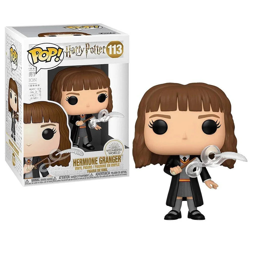 Figura Funko Pop di Harry Potter con personaggi come Hermione, Ron, Dumbledore, Hedwig e Fawkes, in stile collezione otaku.