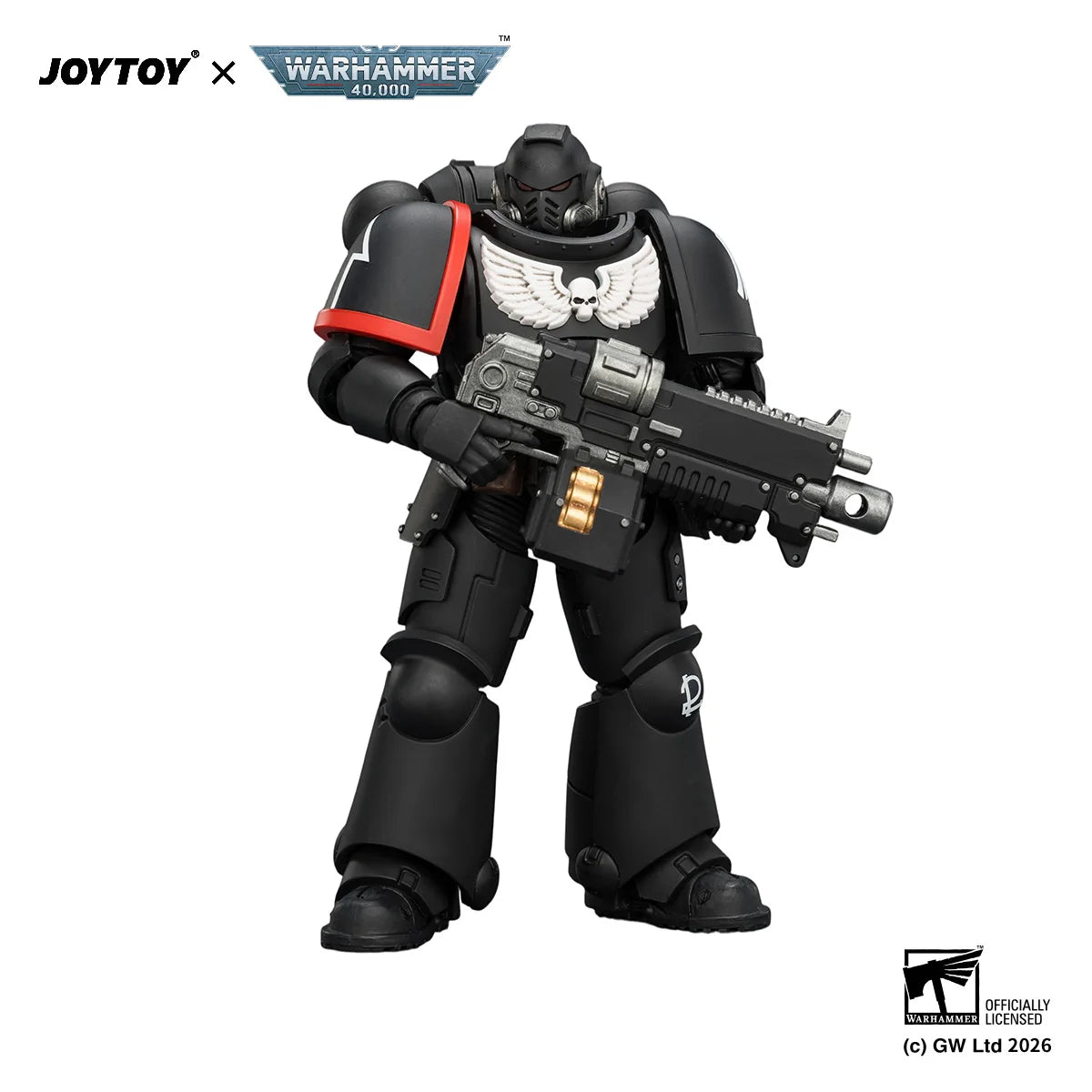 Action figure Warhammer 40.000 Ultramarines Intercessor Otaku Family con fucile a impulsi, pistola a impulsi e chainsword, in posizione dinamica.