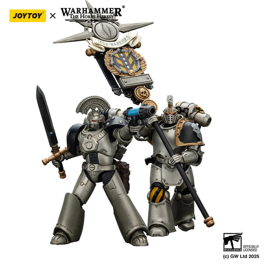 Figura d'azione Warhammer 40K Iron Warriors MKVI Tactical Command Squad Chosen, dettagliata e posata in stile militare.