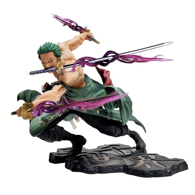 Figura d'azione One Piece Roronoa Zoro con tre spade, altezza 10cm, senza scatola, marchio Otaku Family Store Online.