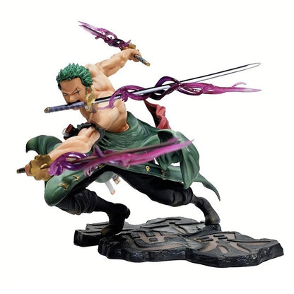Figura d'azione One Piece Roronoa Zoro con tre spade, altezza 10cm, senza scatola, marchio Otaku Family Store Online.