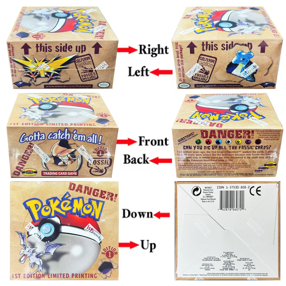 Booster box di carte Pokémon Fossil Otaku Family con Aerodactyl, Lapras e Zapdos, edizione da collezione proxy, immagini delle carte.