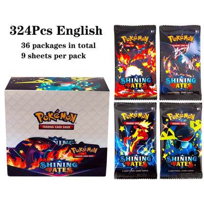 Lotto di 36 bustine di carte Pokémon TCG in lingua inglese, 324 carte totali, con scatola di distribuzione, marca Otaku Family Store.