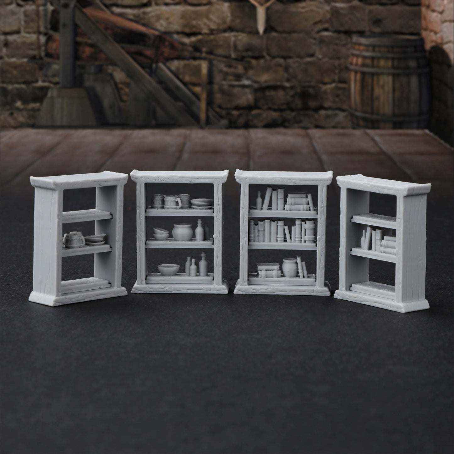 Set di miniature RPG 28mm con scaffali, librerie e credenze intercambiabili, accessori per giochi di ruolo e tabletop.