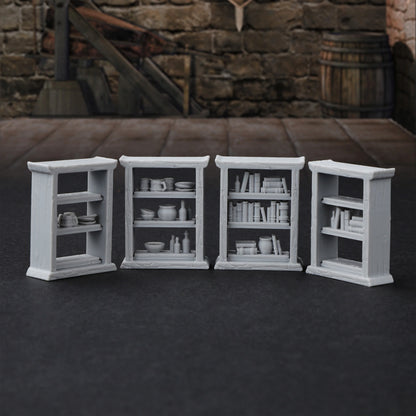 Set di miniature RPG 28mm con scaffali, librerie e credenze intercambiabili, accessori per giochi di ruolo e tabletop.