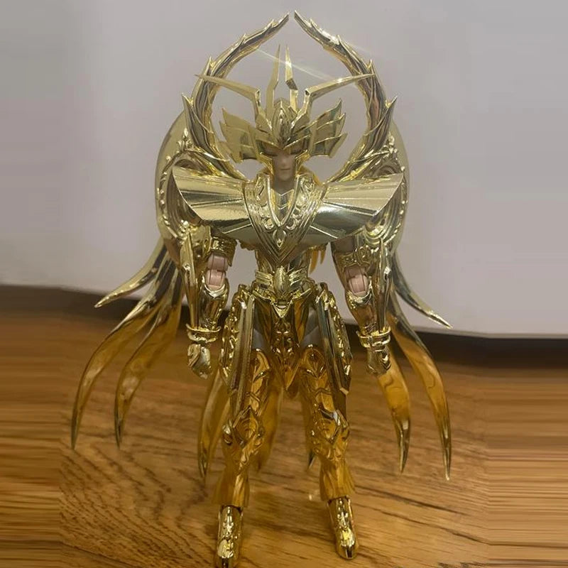 Figura d'azione JModel Saint Seiya Myth Cloth EX Virgo Shaka con dettagli dorati e armatura, posato con sfondo neutro.
